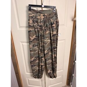 LovLov Womens Camo Smocked Waist Harem Pants Green Brown Camouflage Joggers S